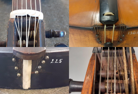 Passage of the sympathetic strings under the fingerboard and fixation at the bottom of the sound box on the kemangeh roumy (MIM, inv. 0225) and on a classical viola d’amore (Andreas Ostler, Wrocław, 1730, MIM, inv. 1388)